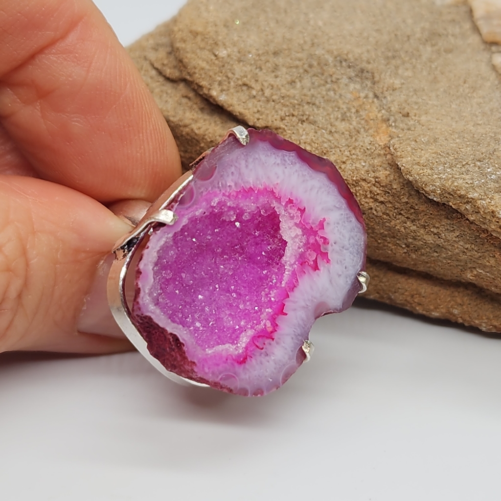 Fp Designer Ariana Ost Silver Ring Raw Druzy Mineral Pink Agate Stone